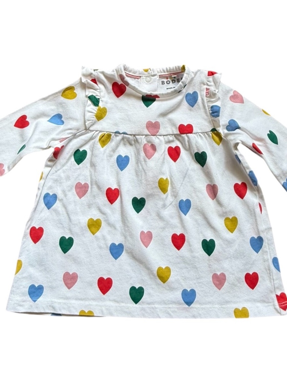 Girls Baby Boden White Long Sleeve Multicolor Heart Dress
Size: 0-3 mos